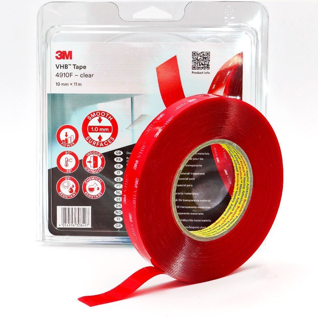 3M 4910 F Cinta adhesiva doble cara espuma acrílica VHB especial para materiales transparentes - Blister Short Roll 19 mm x 11 m