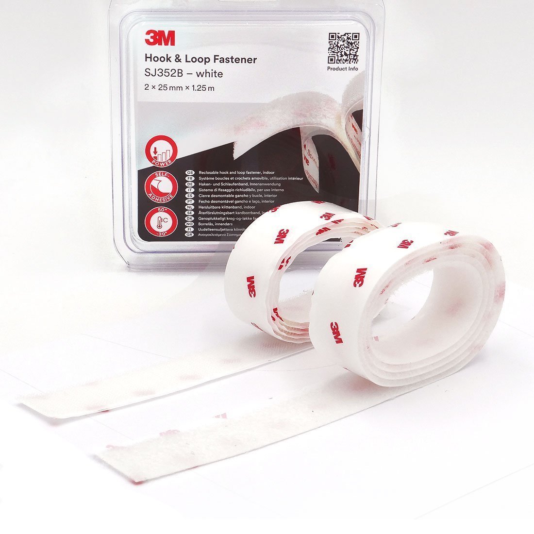 3M Hook & Loop SJ352B Blanco - Blister Short Roll 2 x 25 mm x 1.25 m
